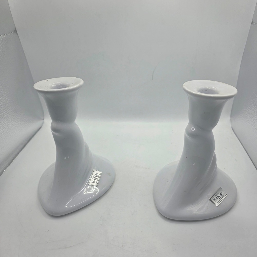 Royal Haeger White Ceramic Candlestick Holders Pair MCM Modernist Pottery USA